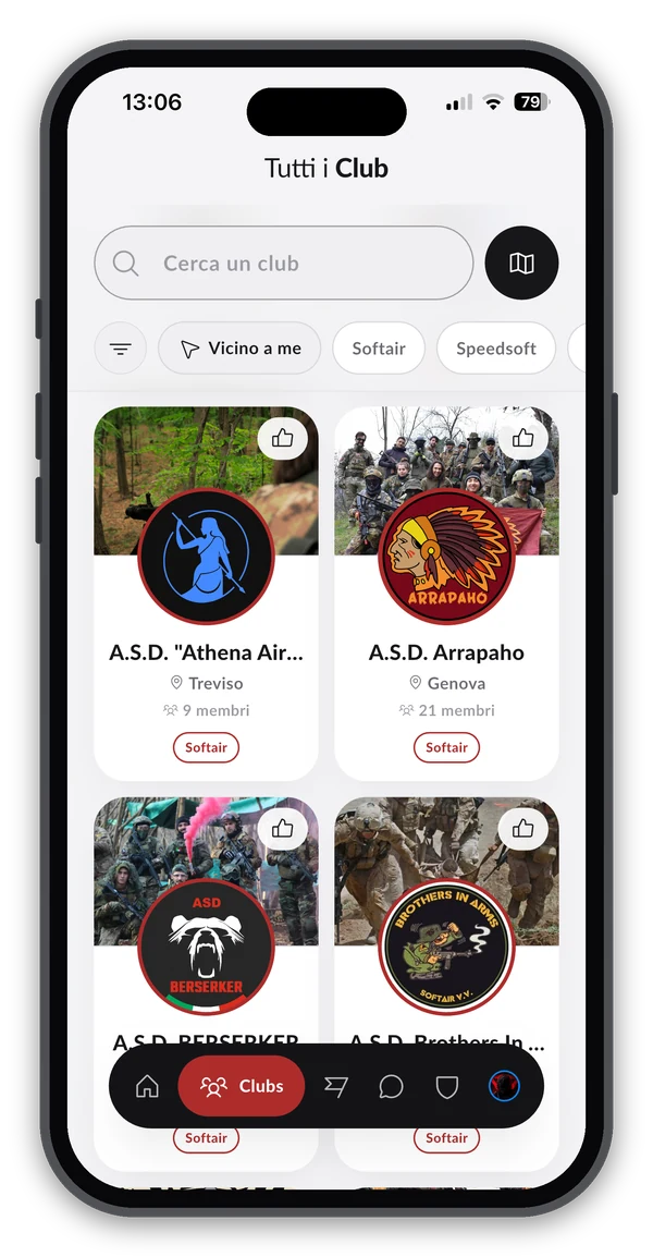 Elenco dei club nell'app Italia Softair