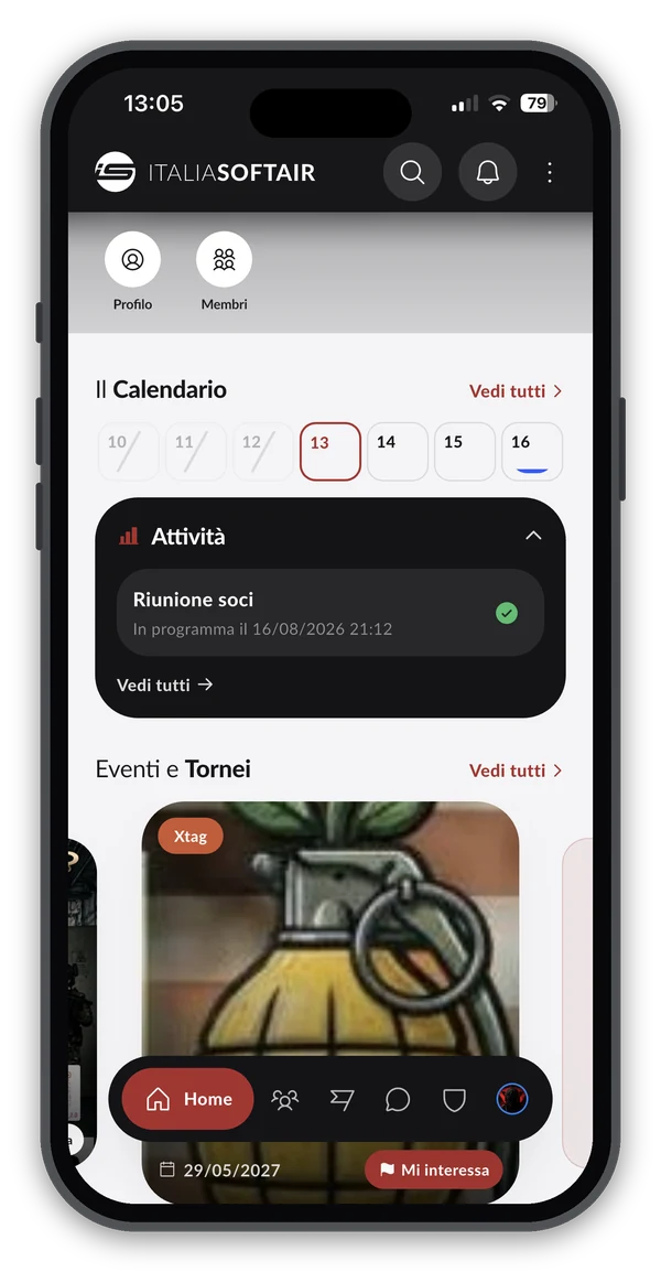 Home dell'app: calendario, attività ed eventi